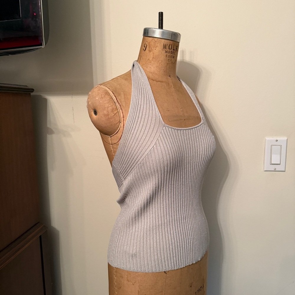 Scripted Gray Silver Sparkle Ribbed Halter Tank Top - Picture 5 of 8